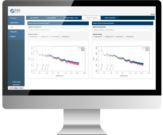 Modern and simplified web-based user interface for material strain monitoring and individual pitch control.